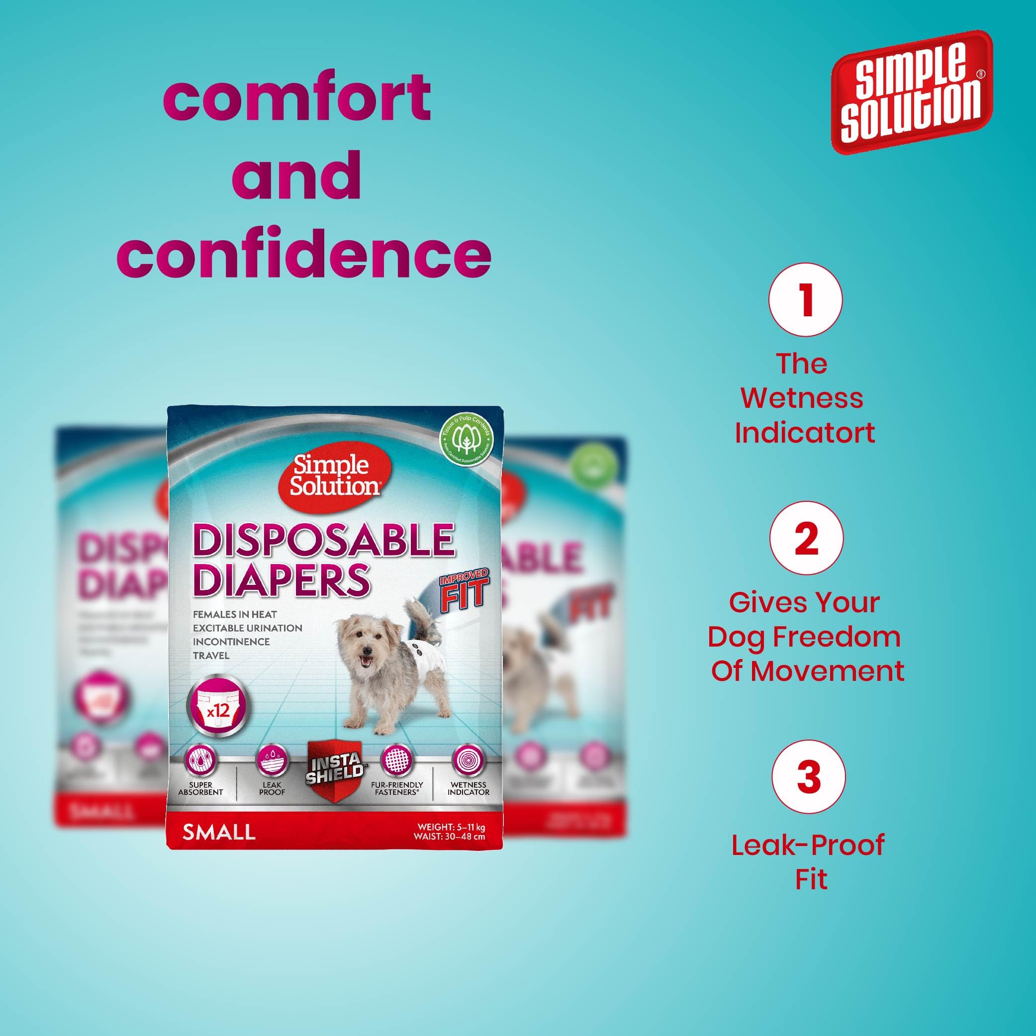 Simple Solution Nuovi ‘True Fit’ Pannolini Monuso per Cani Femmina con Idicatore di Bagnato Piccolo – 12 pezzi