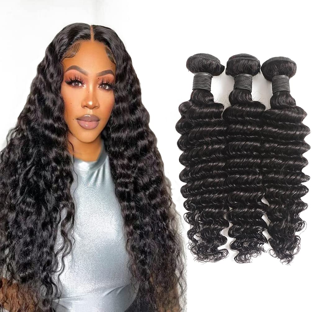 Deep Wave Bundles Human Hair Weave 3 Bundles Deep Curly Brazilian Raw Virgin Hair Wet And Wavy Bundle 12A Grade Unprocessed Human Hair Extensions Natural Black 10 12 14 Inch