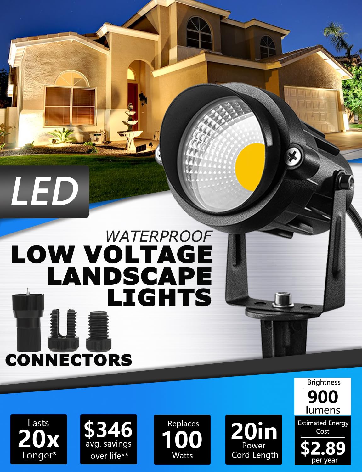 SUNVIE 12W Low Voltage LED Landscape Lights with Connectors Outdoor 12V Super Warm White 900LM Waterproof Garden Pathway Lights Wall Tree Flag Spotlights with Spike Stand 10 Pack with Connect product thumbnail 5