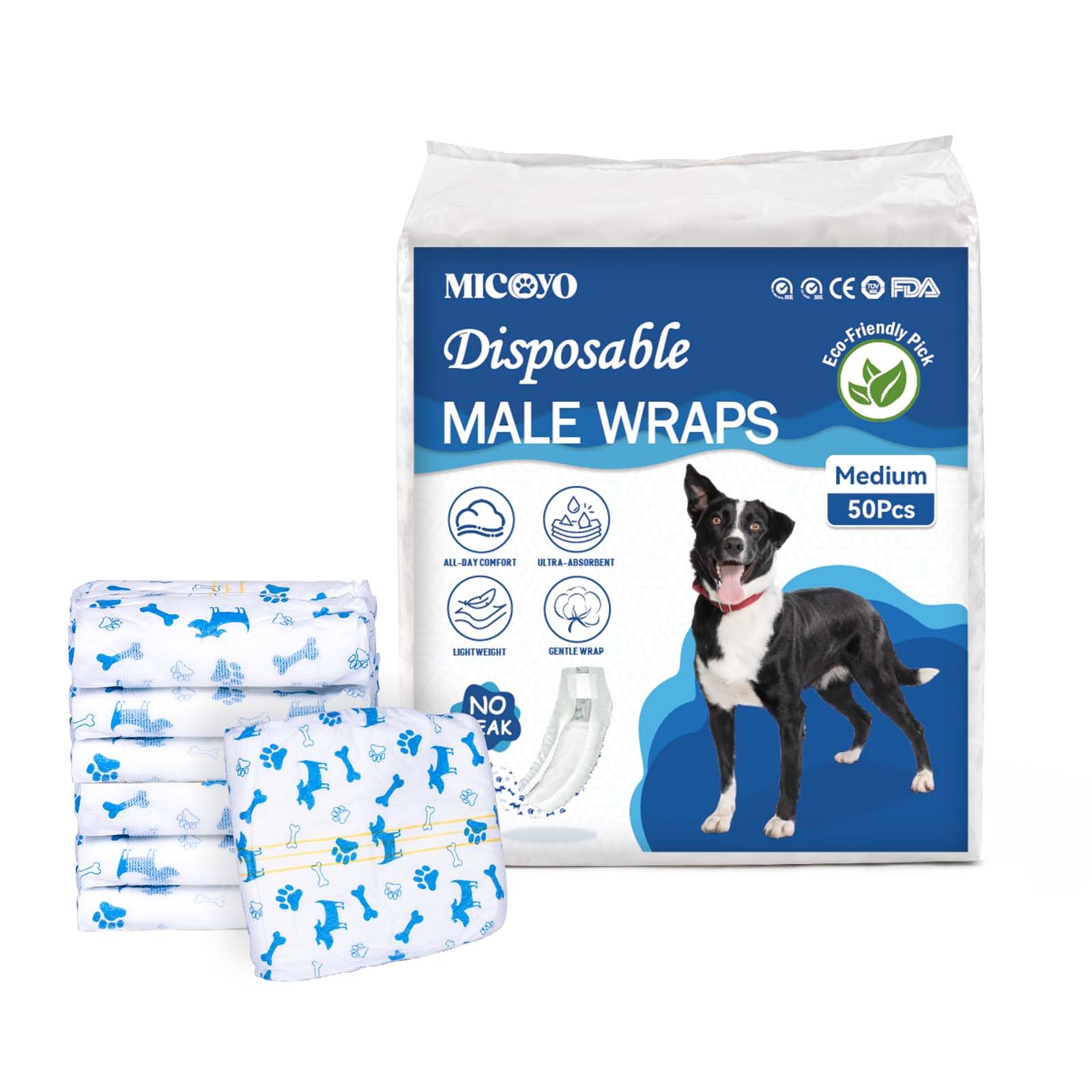 MICOOYO Disposable Dog Nappies Male, Super Absorbent Male Dog Wraps, Doggy Diapers with Wetness Indicator (M, 50pack) โ image 1