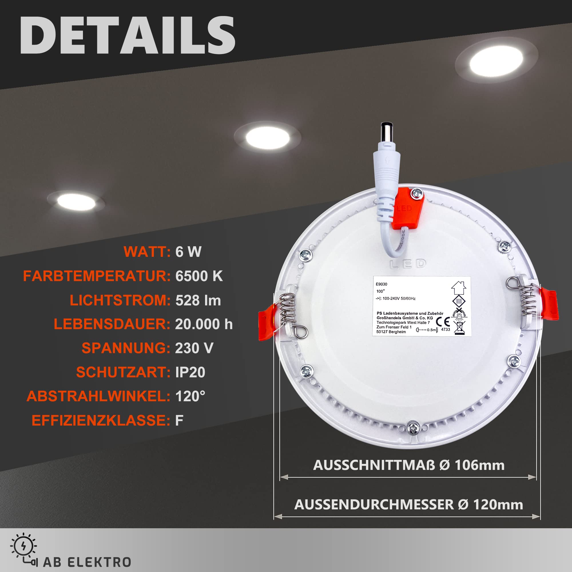 LED Einbaustrahler 230V flach - 12er Set - 6W LED Spot - 6500K - 106mm - IP20