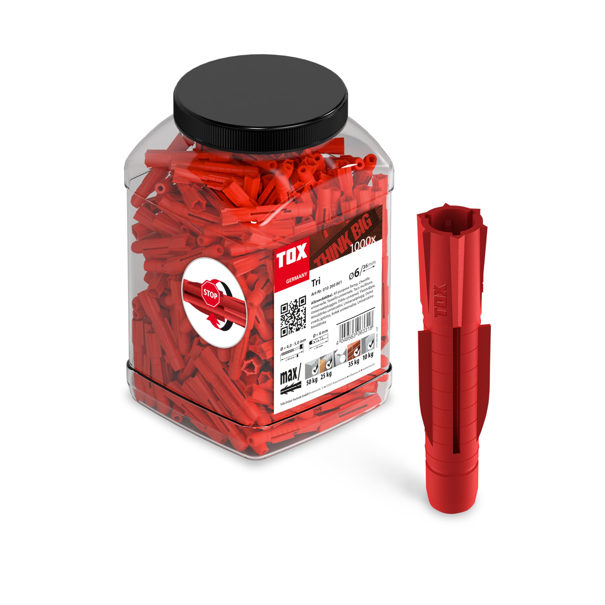 TOX tassello multiuso TRI 6 x 36mm in confezione grande, tassello per quasi tutti i materiali da costruzione, 1000 pezzi in latta rotonda versatile e infrangibile, 2500 ml, 010260001