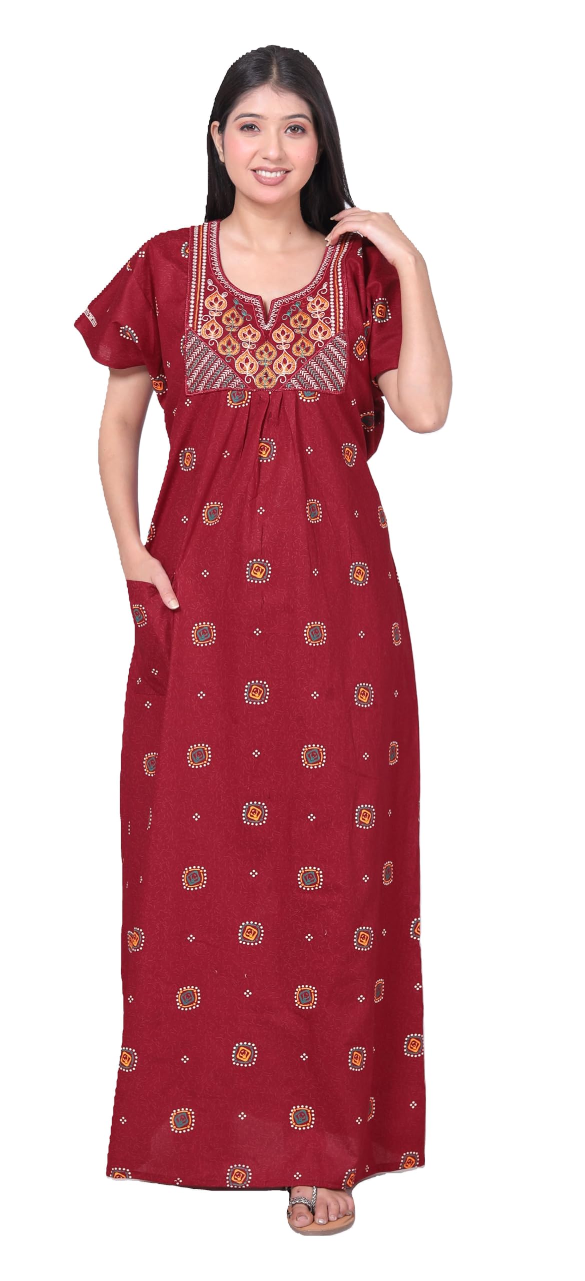 Pure Cotton Jaipuri Rajasthani Hand Block Print Cotton Nighty Gown with Side Pocket for Women | Regular, Printed & Full Length Maxi Night Gown | Night Wear Nighties for Women-image-14