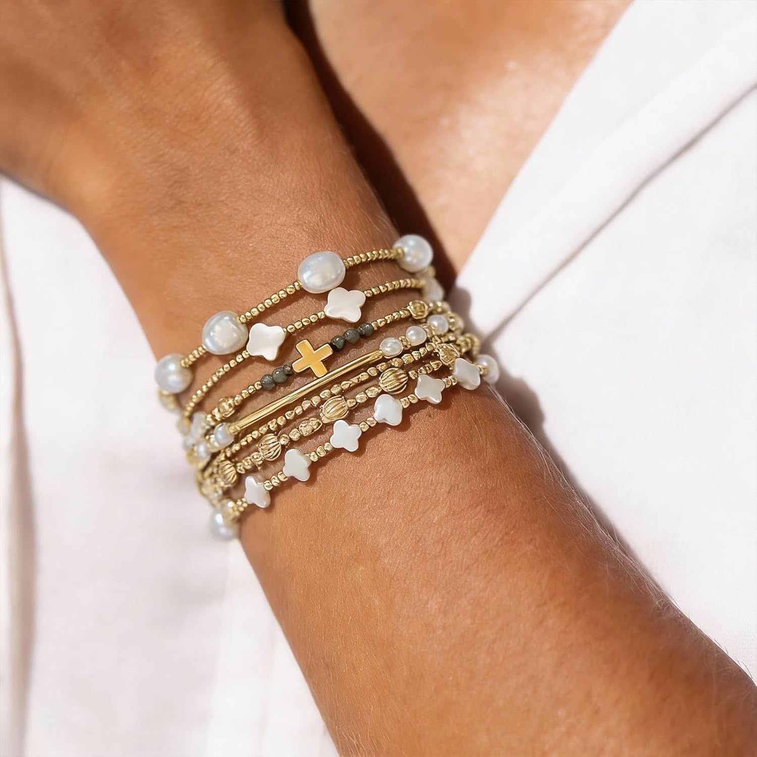 Long tiantian Gold Beaded Bracelets for Women Cross Beaded Bracelet Stack Pearl Bracelets Stackable Trendy Jewelry for Women Gifts - Image 2