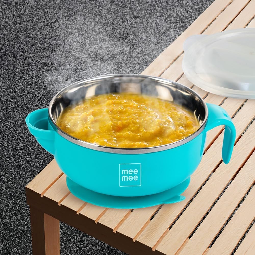 Temperature Control Feeding Bowl with Lid | Silicone Suction Base | Keeps Food Warm 30 Min | Stainless Steel Inner Bowl | BPA-Free | 6+ Months | Airtight Lid | Travel-Friendly