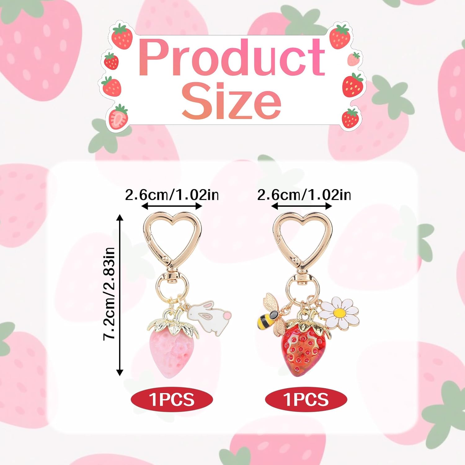 2pcs Cute Strawberry Keychains for Women, Strawberry Gold Bag Charm with Bee Daisy Rabbit Shortcake Items Pendant Fashion Fruit Flower Key Chain for Bag Purse Key Ring Backpack Decor - Image 2