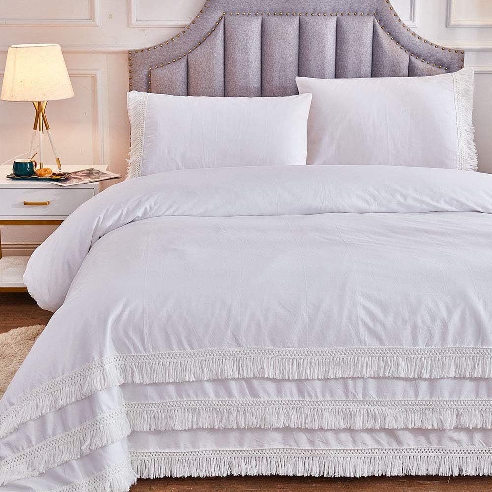 Amazon Com Fadfay Boho Bedding White Tassel Duvet Cover Fringed Natural 100 Cotton Hypoallergenic Girls White Bedding Sets 3 Piece Full No Comforter Kitchen Dining
