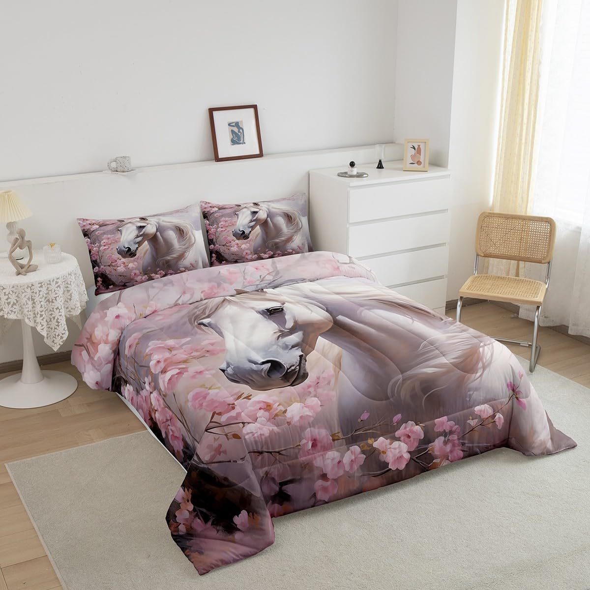 Manfei Galloping Horse Comforter King Size,Chic Cherry Blossom Pink Comforter Set Bedding Set for Kids Adults,Dreaming Animal Cowgirl Duvet Set Ultra Soft Room Decor 3Pcs Quilt Set