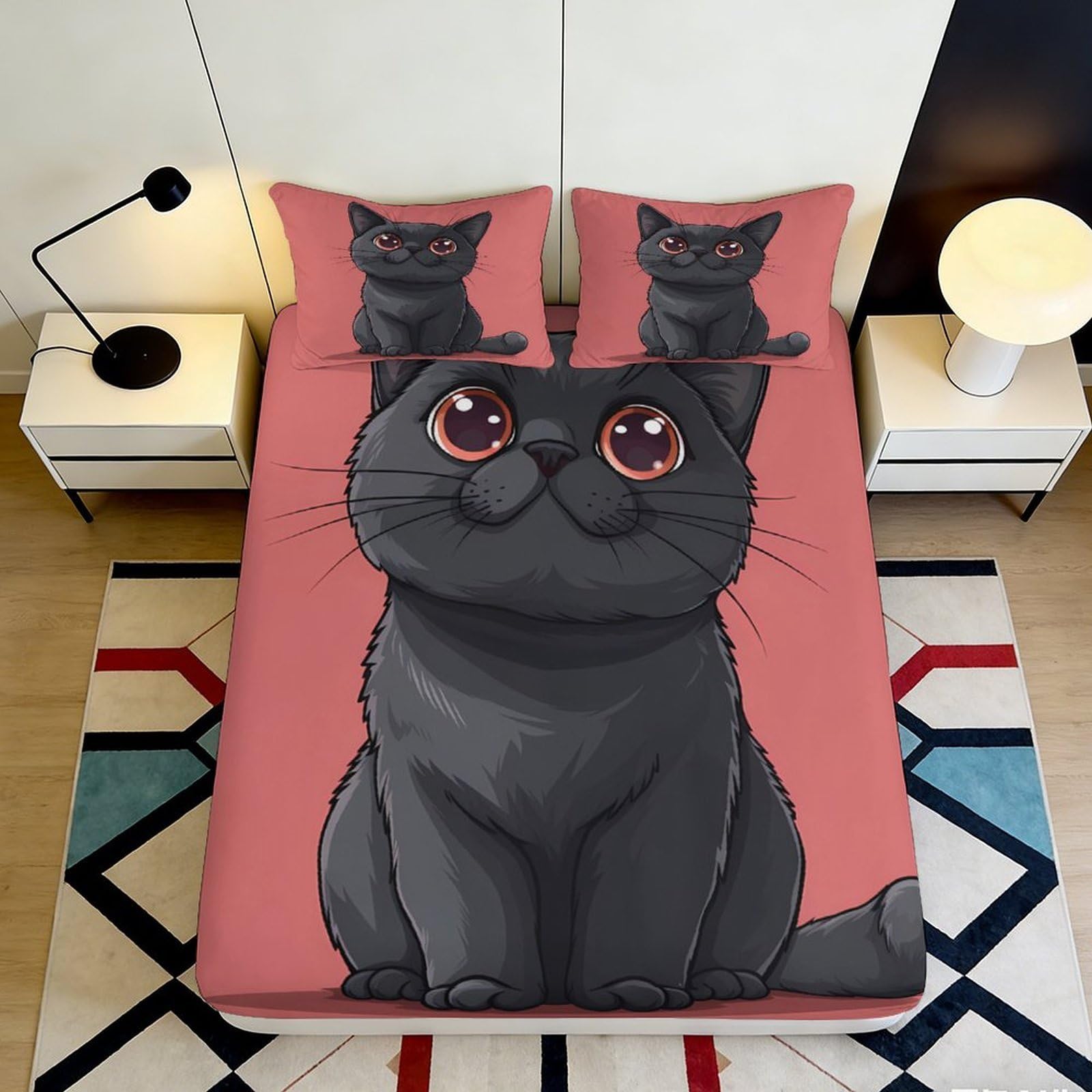 Uynsixtme Style-6 3D Printed Cute Black Cat Fitted Sheet Microfiber Deep Pocket Non-Slip Bedroom Bedding Cartoon Cat Mattress Fitted Cover Washable For Adults Teens 200X200x25cm