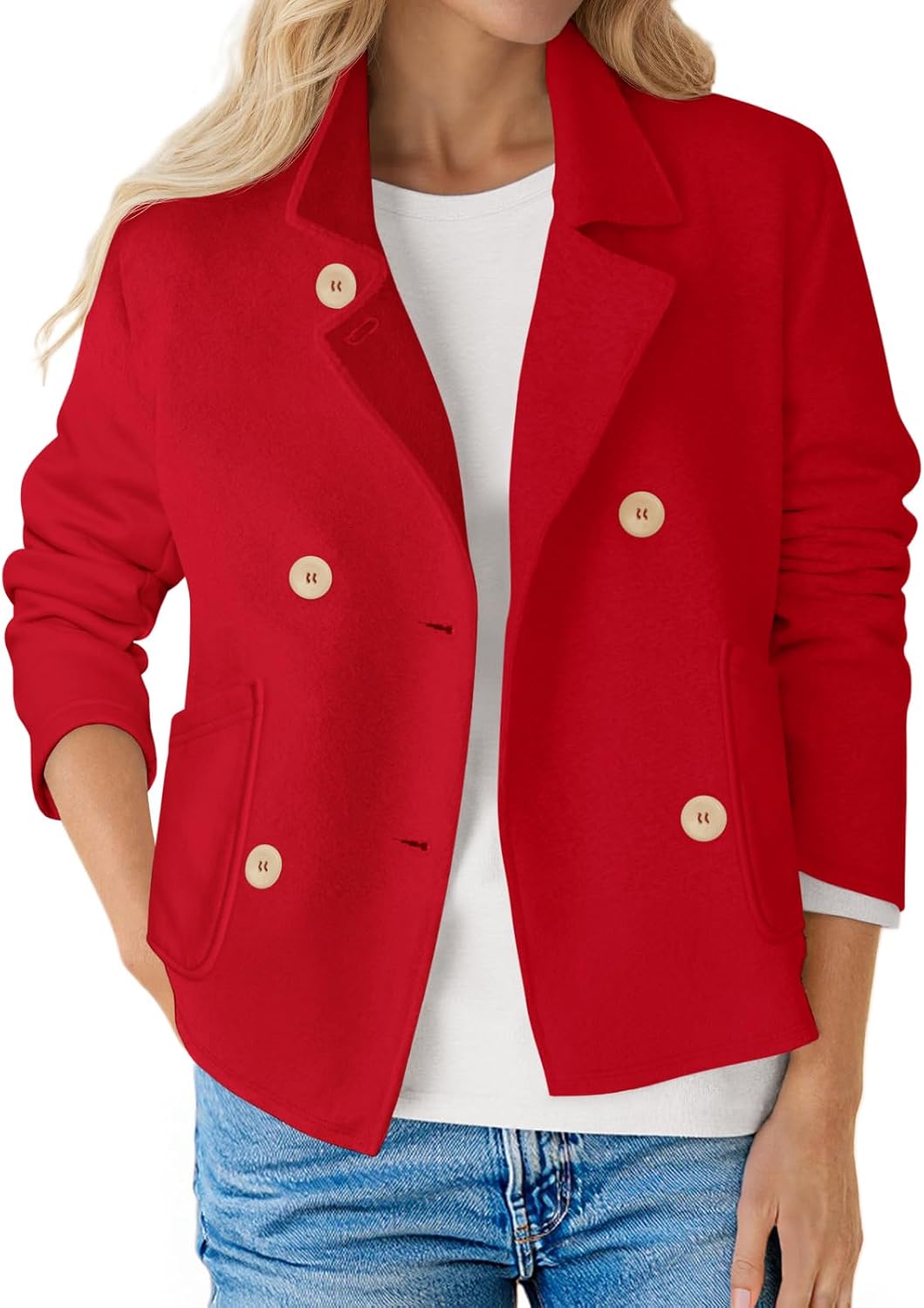 Fisoew Womens Cropped Blazers Business Casual Loose Fit Suits Double Breasted Open Front Cotton Blazer Jacket