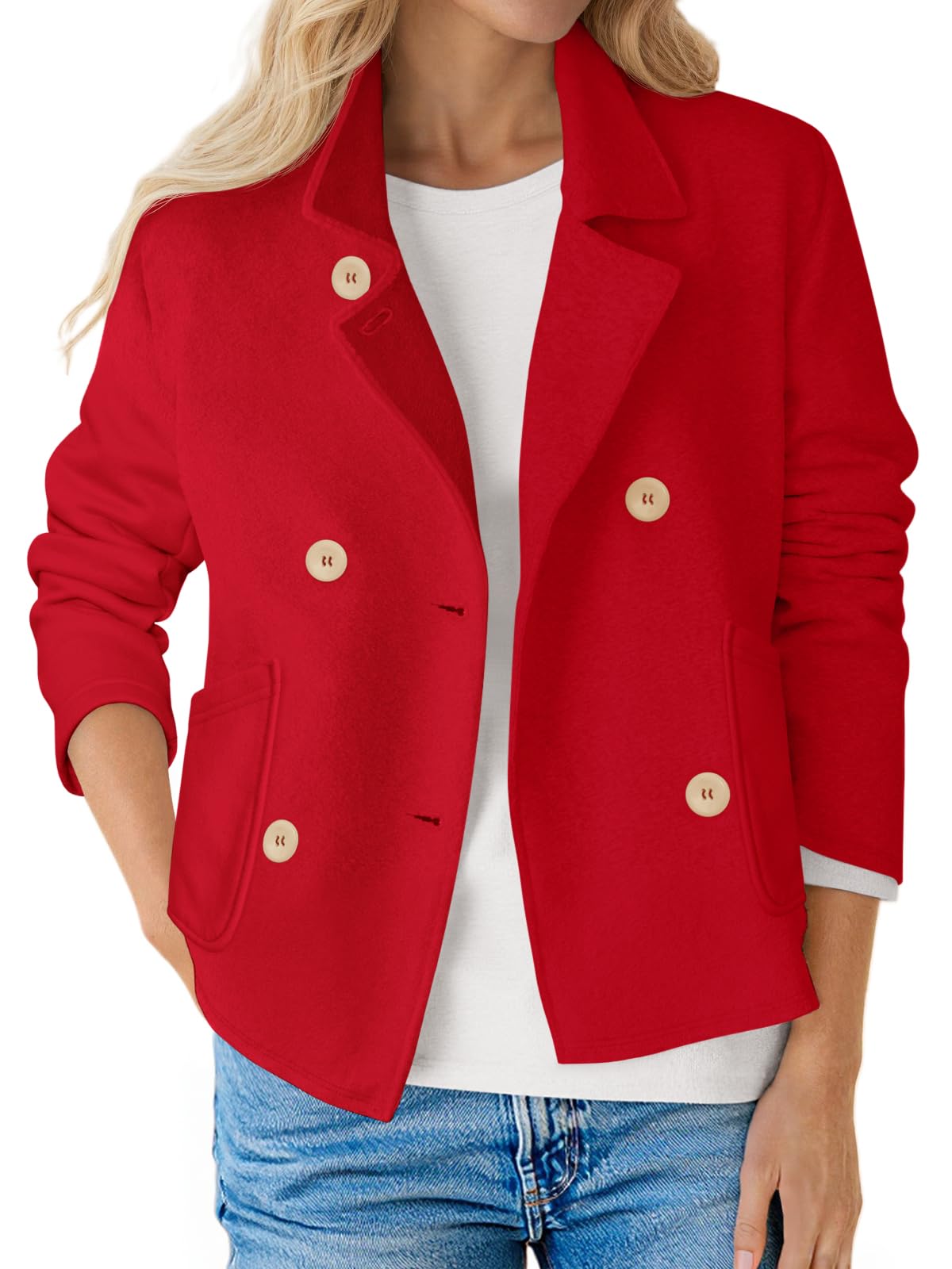 Fisoew Womens Cropped Blazers Business Casual Loose Fit Suits Double Breasted Open Front Cotton Blazer Jacket