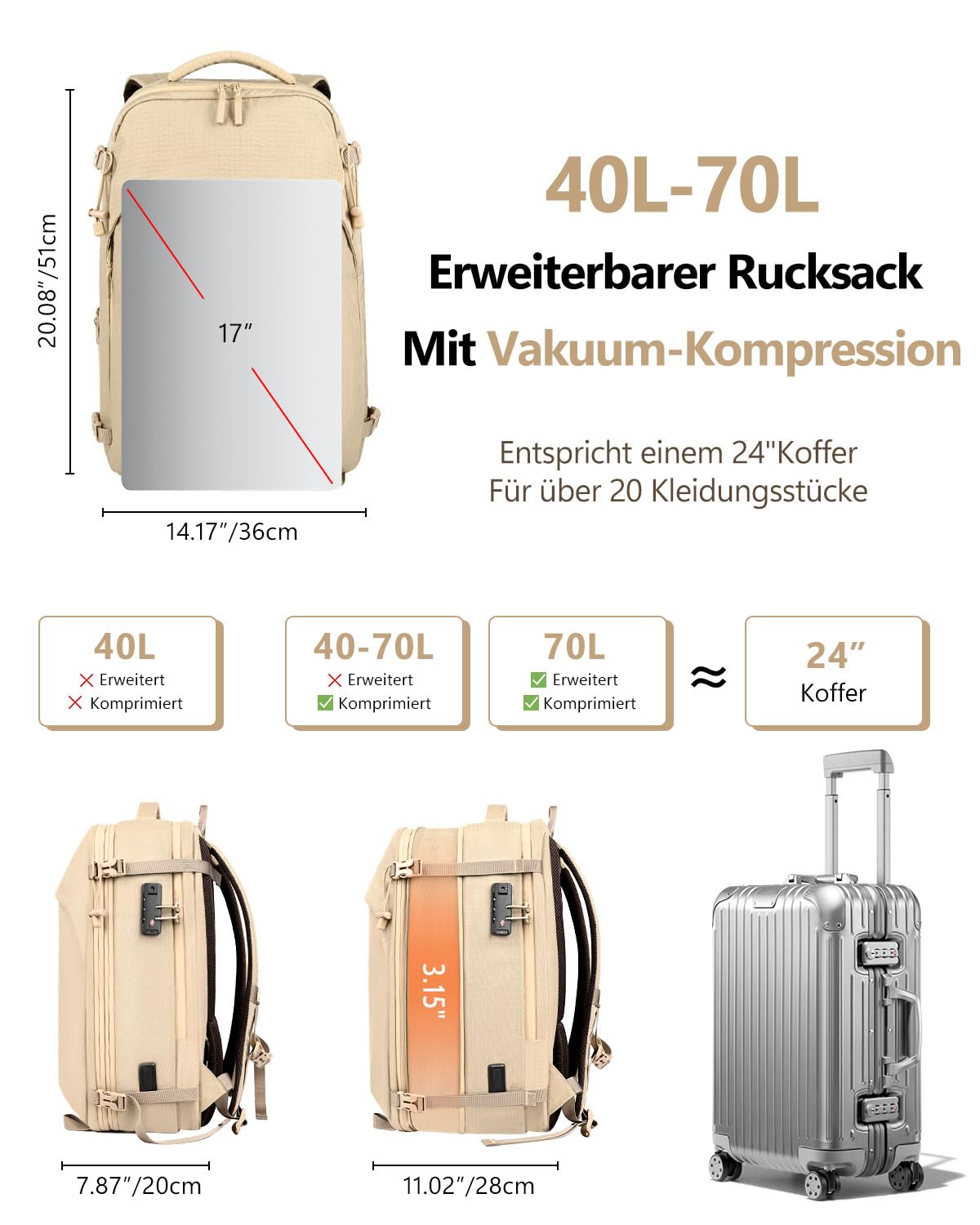 Zurligi Vakuum-Reiserucksack mit Pumpe, 40–70L, Handgepäck, Hüftgurt, Beige | Erweiterbarer Carry-on-Rucksack mit Kompression, TSA-Schloss, abnehmbarem Hüftgurt und wasserabweisendem Design für Reisen