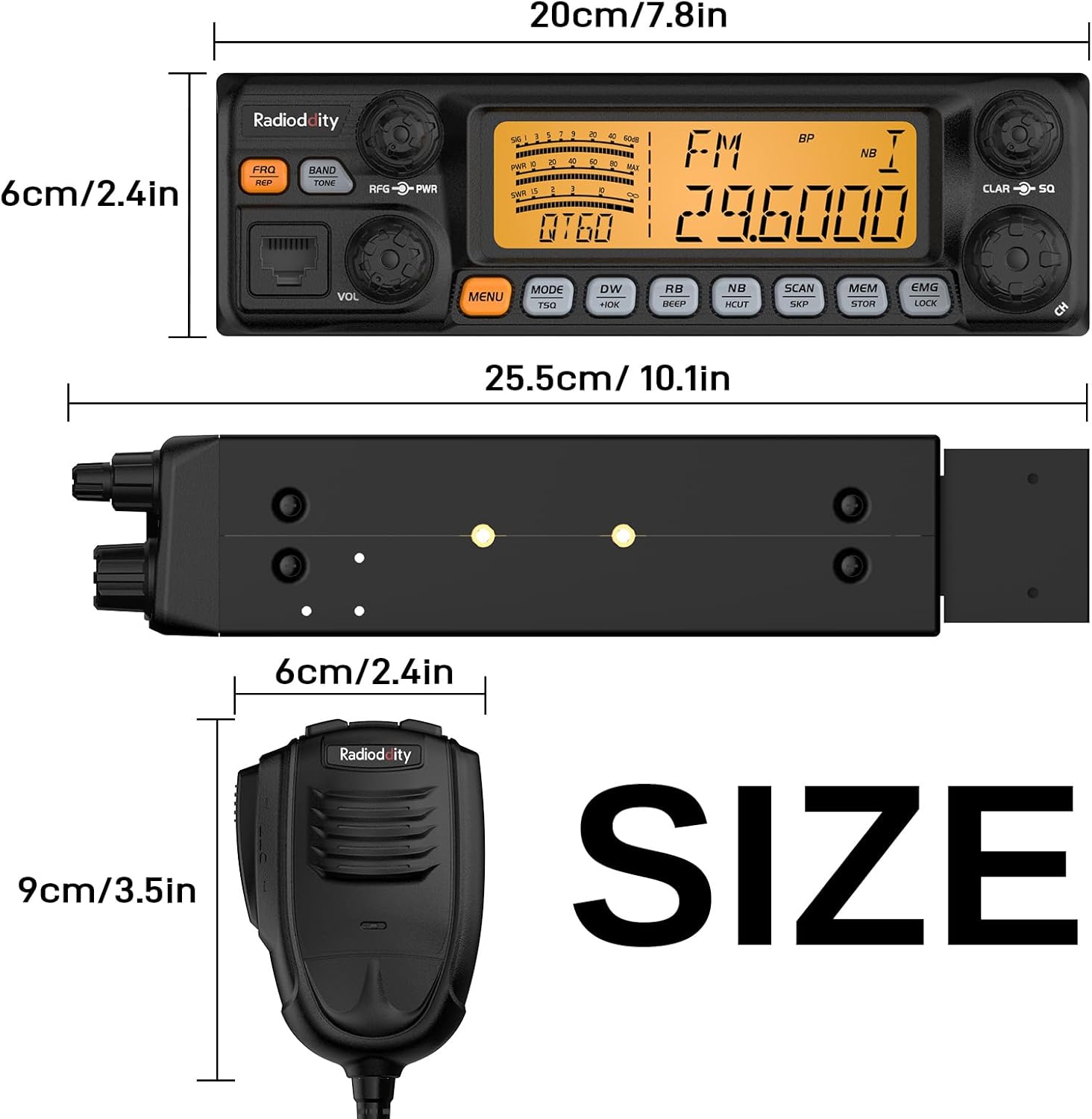 Radioddity QT60 Pro 10 Meter Radio SSB, AM, FM, PA, 60W High Power Amateur Ham Mobile Transceiver, Large LCD Display, RX & TX Noise Reduction, NOAA with Alert, with CTCSS/DCS, ASQ
