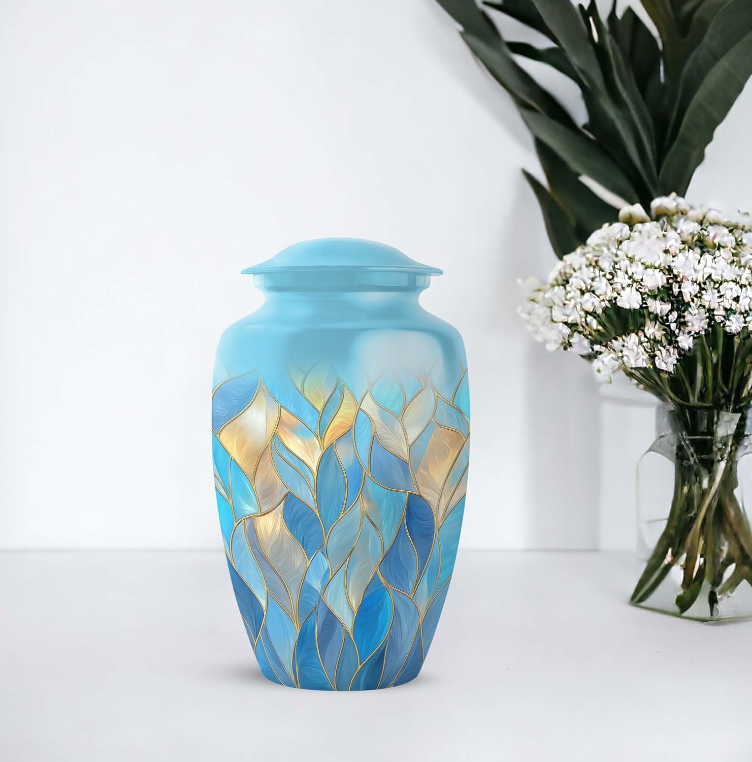 Blue Burial Urns for Human Ashes Adult Female - Combo 1 Large & 4 Keepsake Memorial Urn - Funeral Urns for Human Ashes Adult Man - Large Cremation Urn for Mother - (10 & 3 Inch)