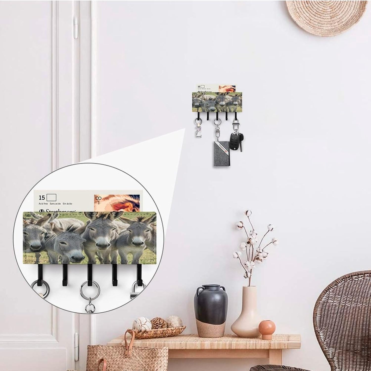 Key Holder Wall Mount Key Hanger with 5 Hooks, Decorative Key Rack | Donkey Animals Hanging Key Hooks with Mail Organizer for Wall Living Room Kitchen Bathroom Hallway