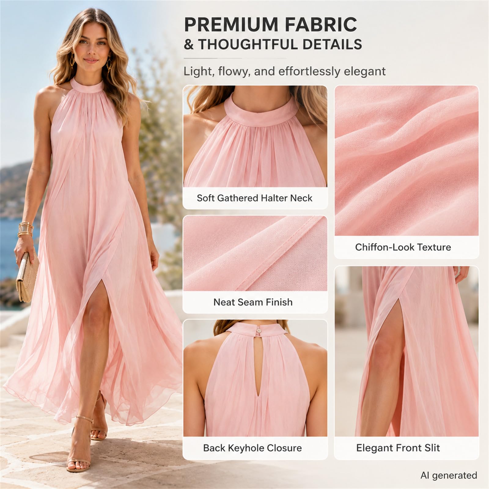 Abito lungo da donna con scollo all'americana e schiena scoperta, con spacco alto, in chiffon, estivo, per matrimoni, vacanze, cocktail party