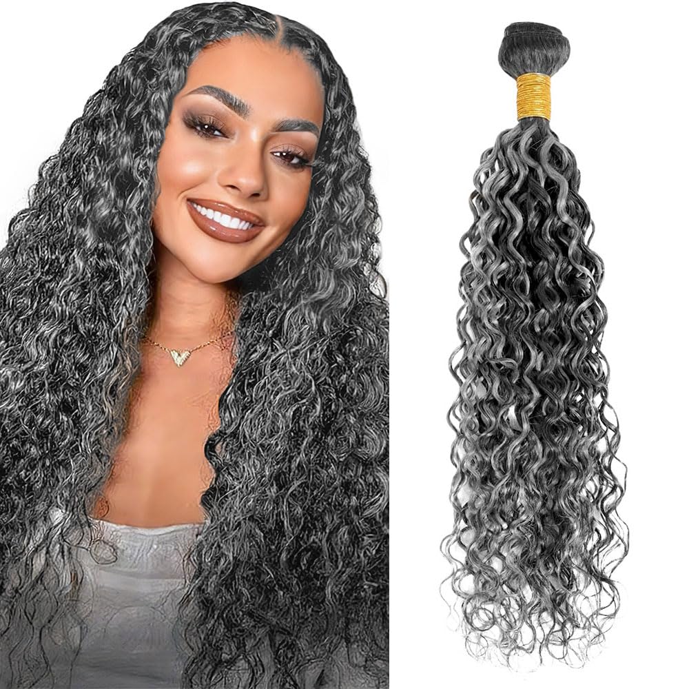 Ombre Gray Bundles P1Bgrey Water Wave Human Hair Bundle Silver Bundle For Black Women Salt And Pepper Ocean Wave Bundles Grey Hair Weave 24 Inch 50G
