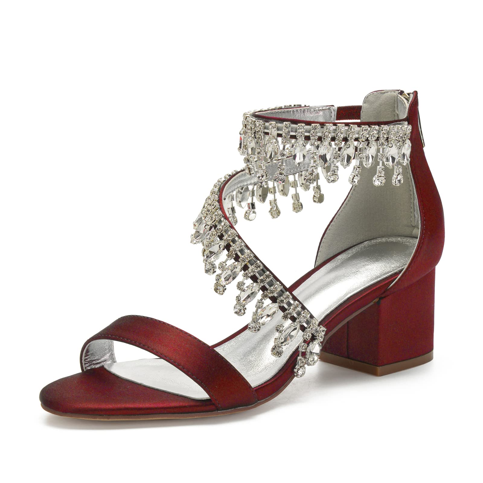 Sandali con Tacco a Punta Aperta con Decorazione in Cristallo da Donna Scarpe da Sposa con Tacco Grosso Basso con Cerniera,Burgundy,41 EU