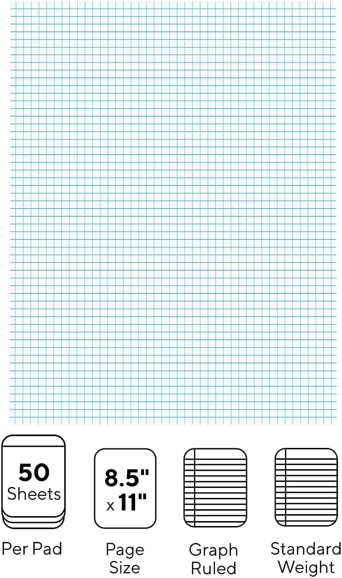STAPLES Notepads, 8.5” x 11”, Graph Ruled, White, 50 Sheets/Pad, 6‑Pack