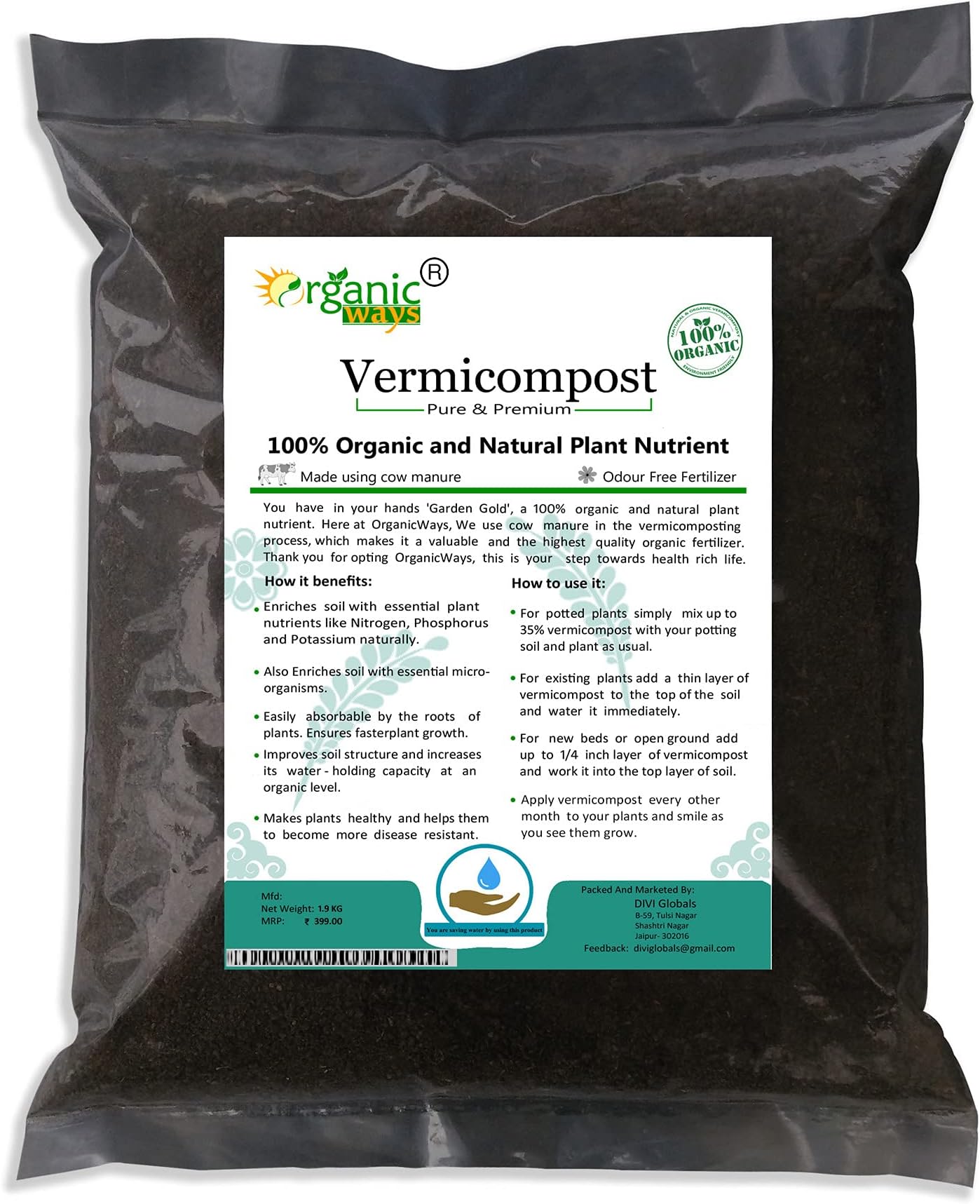 Organicways Cow Manure Vermicompost 100% Organic & Natural Plant Nutrient for Home Gardens and potting mix - 1.9 KG