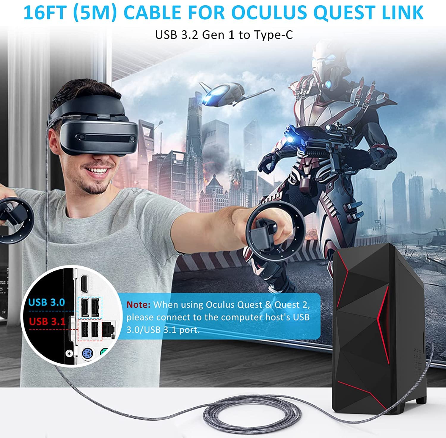 Câble Meta Quest3 Link, 5 m USB 3.2 Gen 1 Type C Quest Link, Compatible avec Quest2/Pro, PICO4/Pro, Transfert Rapide données et Charge Rapide Casque VR Quest et PC Gaming