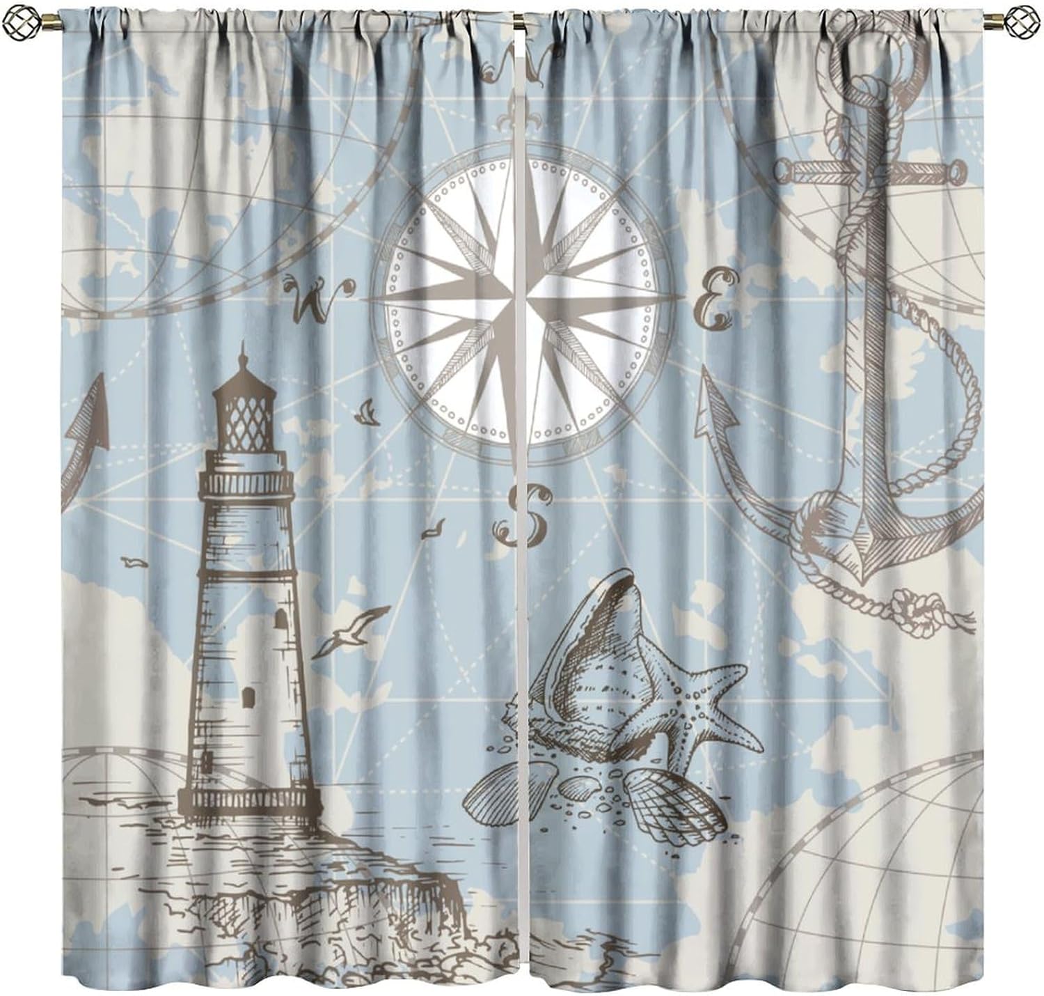 Nautical Coastal Curtains, Vintage Nautical Sailboat Lighthouse Compass Anchor Print for Room Window Decor, Rod Pocket Blackout Drapes for Living Room Bedroom Kitchen 2 Panel Set 21"W X 45"L