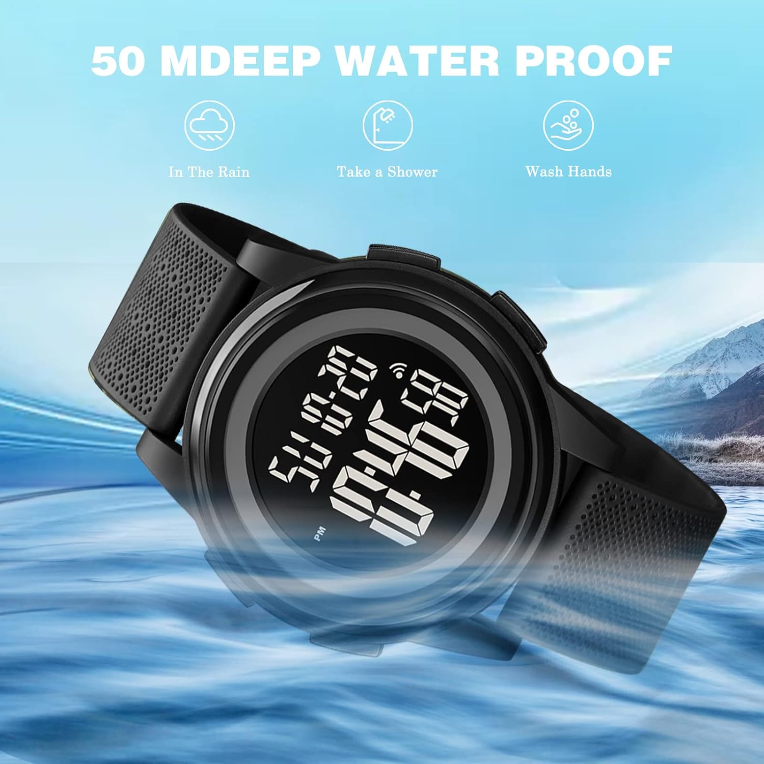 Illustration demonstrating the 50-meter water resistance of the SKMEI 1895 watch, suitable for rain, showering, and hand washing.