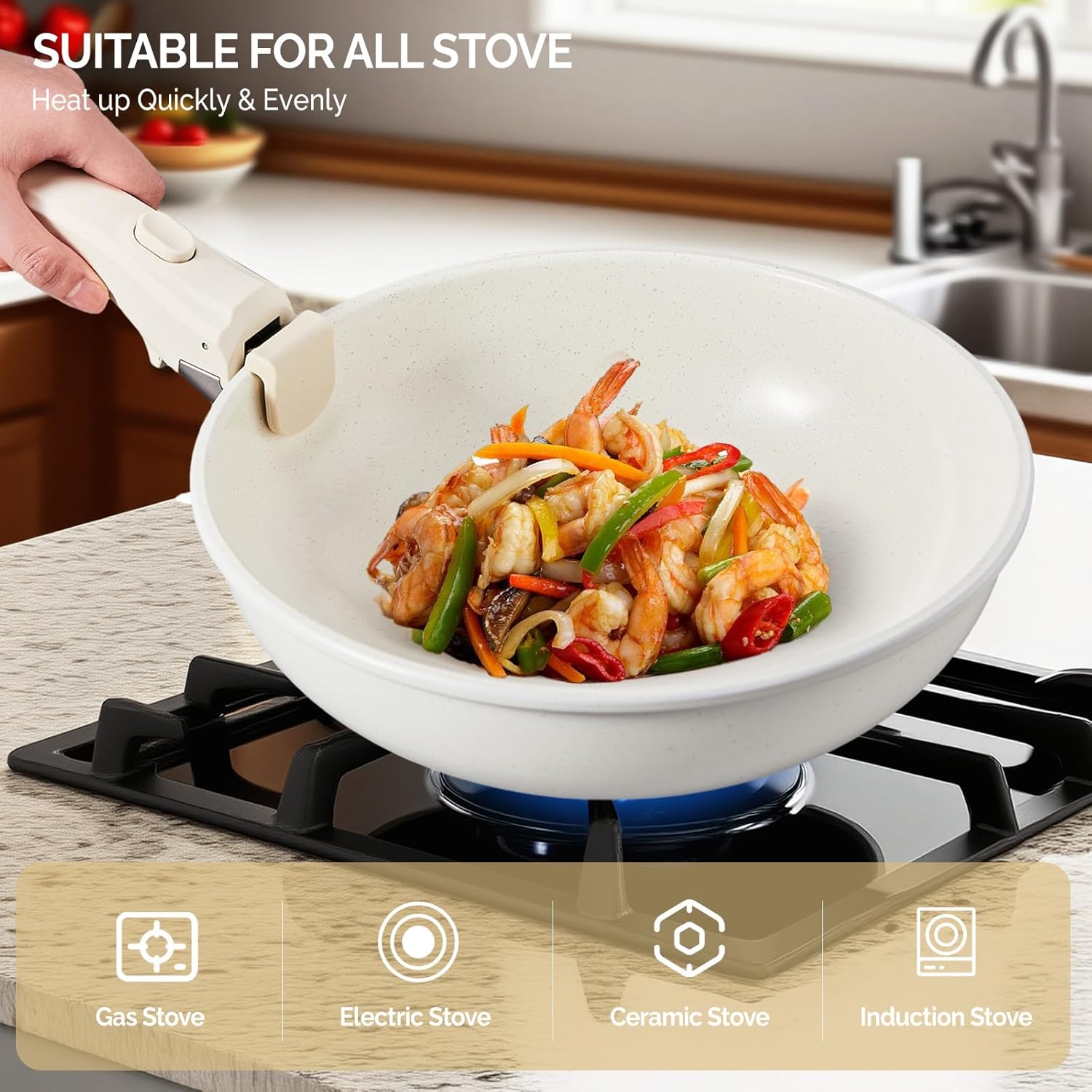 Bonnlo 22 Pcs Nonstick Pots and Pans Set with Lids, Kitchen Cookware Set with Detachable Handle Include Saucepan, Frying and Saute Pan, PFAS PFOA & PFOS Free, RV Induction, Aluminum, Cream White