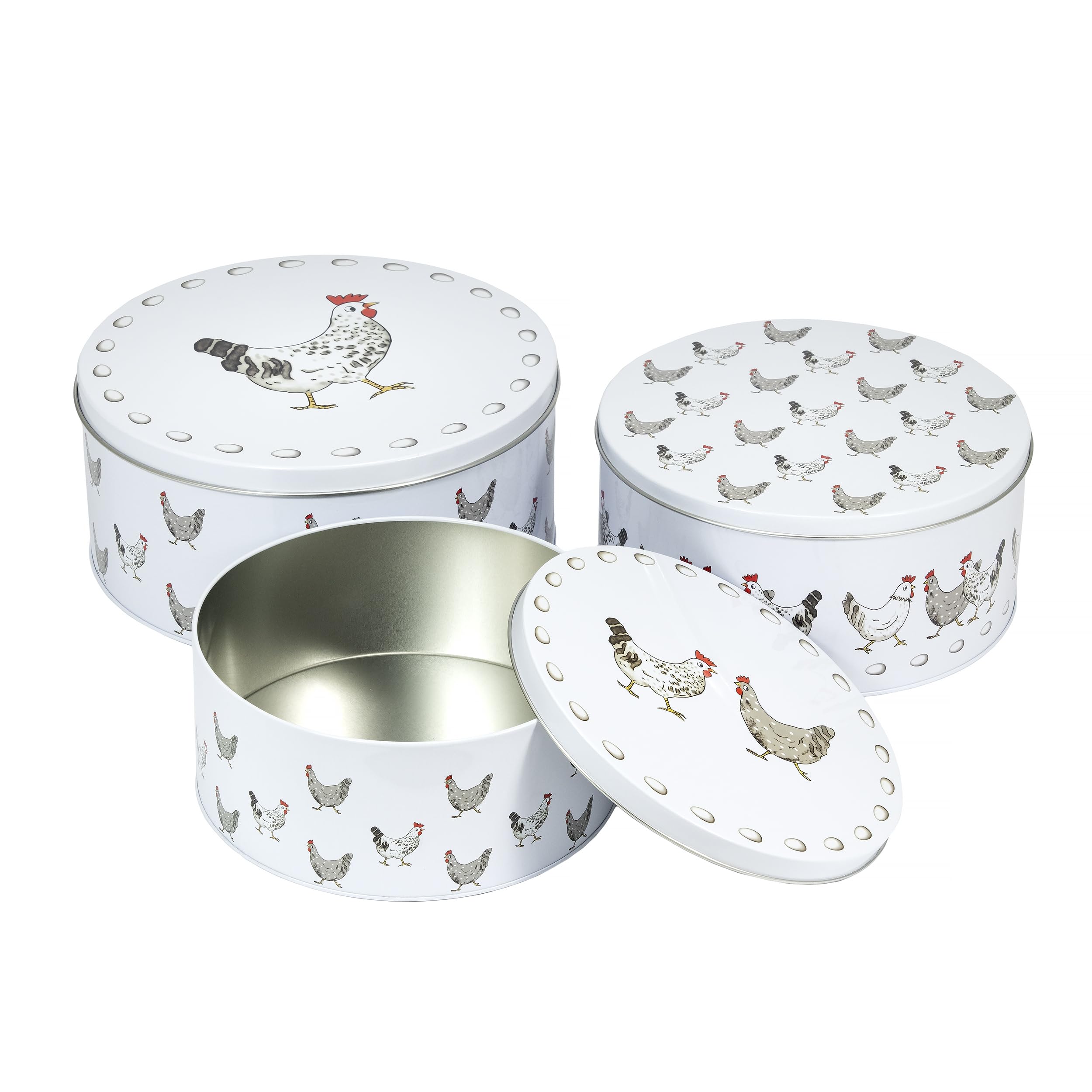 SPOTTED DOG GIFT COMPANY Puszki do przechowywania ciast, zestaw 3 okrągłych puszek na ciasto, do przechowywania ciast, ciastek i słodyczy, pojemniki o tematyce kurczaka z hermetycznymi pokrywkami