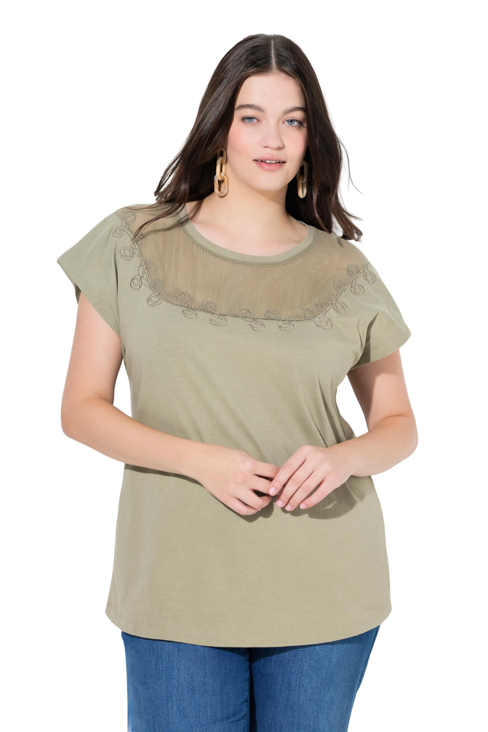 Ulla Popken Damen große Größen Übergrößen Plus Size T-Shirt, Häkeleinsatz, Rundhals, Halbarm, Biobaumwolle 847528