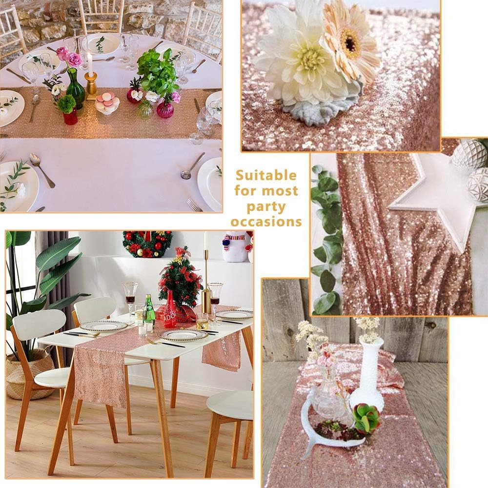 Sequin Table Runner Glitter Rose Gold(12x108-inch) Plastic Tablecloths for Rectangle Tables Rose Gold Disposable Tablecloths Table Covers for Parties Thanksgiving Valentine's Day Wedding Anniversary