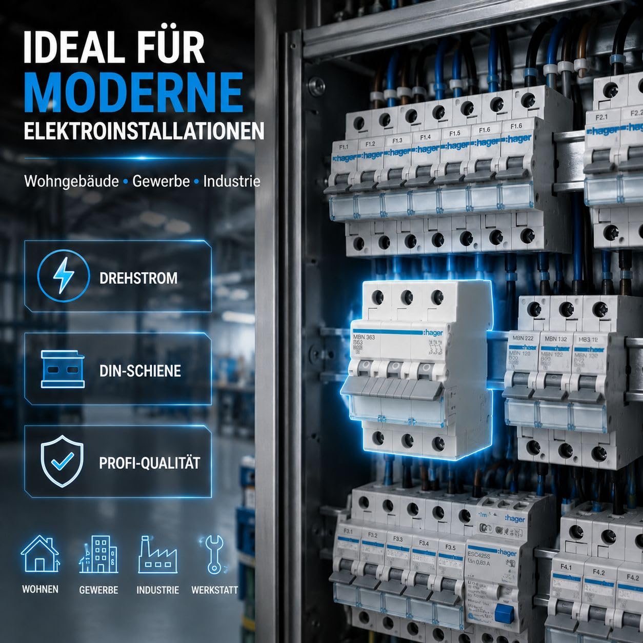 Hager Leitungsschutzschalter 3-polig 63A B-Charakteristik 6kA MBN363 biconnect Sicherungsautomat für Drehstrom 230/400V LS-Schalter FI-Verteiler Hutschiene DIN EN 60898-1