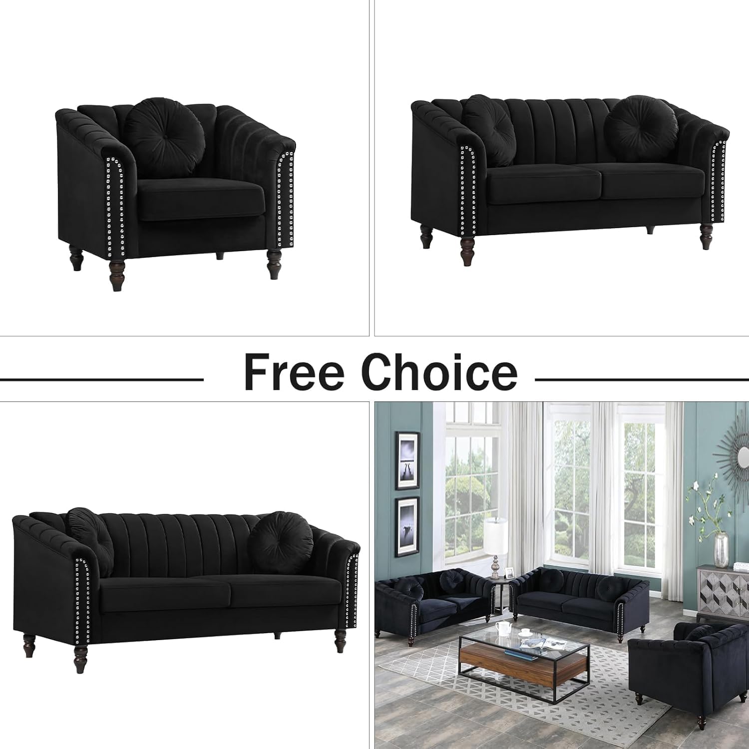 Luxury Velvet Chesterfield Sofa Set,Flannel Armchair, upholstered Rolled Edge armrests, Modern Living Room Sofa Set, Suitable for Living Room, Bedroom, Apartment (Black,Loveseat and Chair)