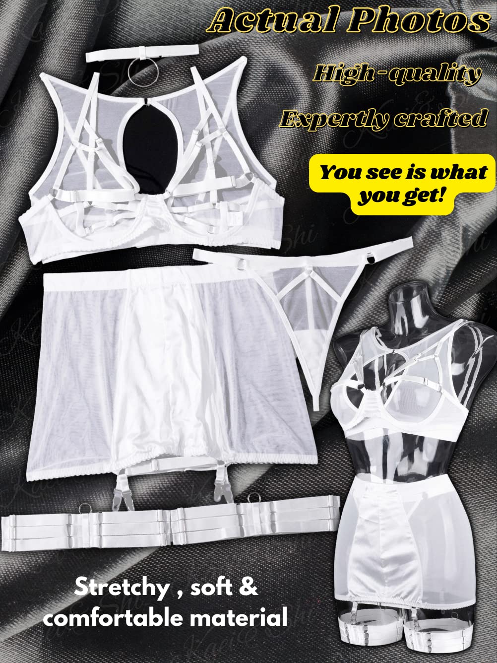 Kaei&Shi Garter Lingerie for Women, Strappy High Waisted Skirt G String 4 Piece Sexy Exotic Lingerie Outfits Set Boudoir