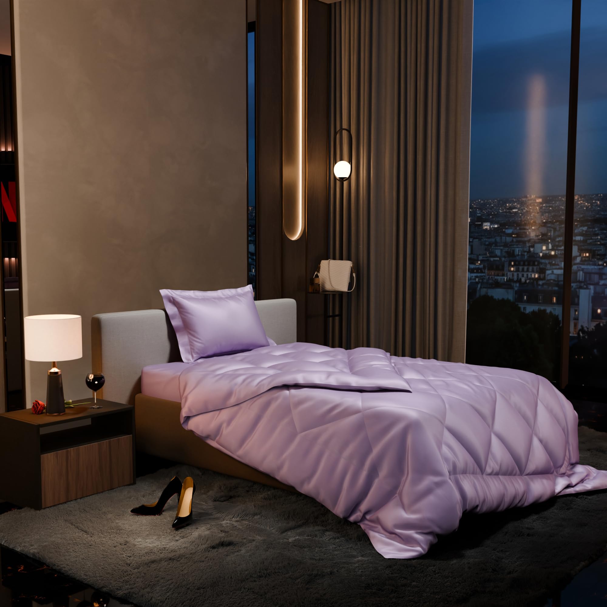 Stoa Paris Satin Comforter Set Single Bed with Satin Bedsheet & Pillow Covers, 300TC Complete Bedding Set, Ideal Gifts for Women, Couples, Bedroom Home Furnishing, Date Night - Lilac Affair
