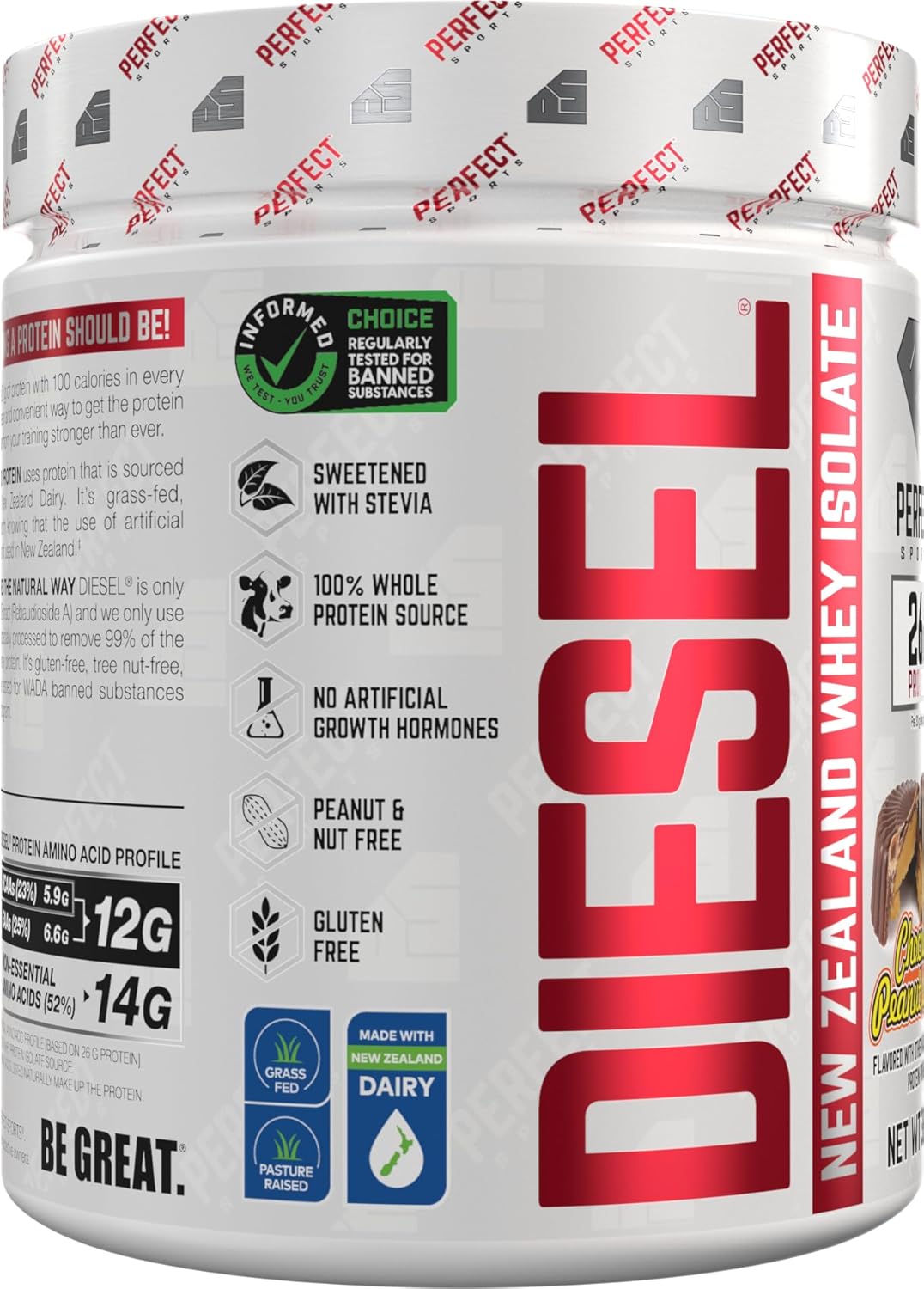 PERFECT SPORTS Diesel 100% New Zealand Whey Protein Isolate | Stevia Sweetened, No Artificial Ingredients, Keto | 0g Carb, 0g Fat, 26g Protein | 360 Grams (Chocolate Peanut Butter)