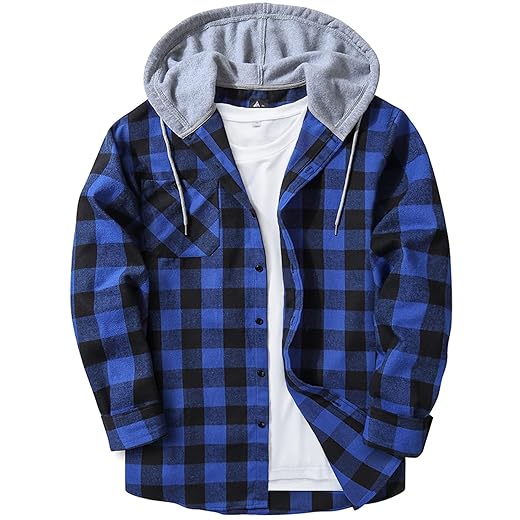 ZITY Men's Flannel Hoodie Shirts Casual Button Down Plaid Shirt Jackets for Men Long Sleeve Stylish Hooded with Pocket