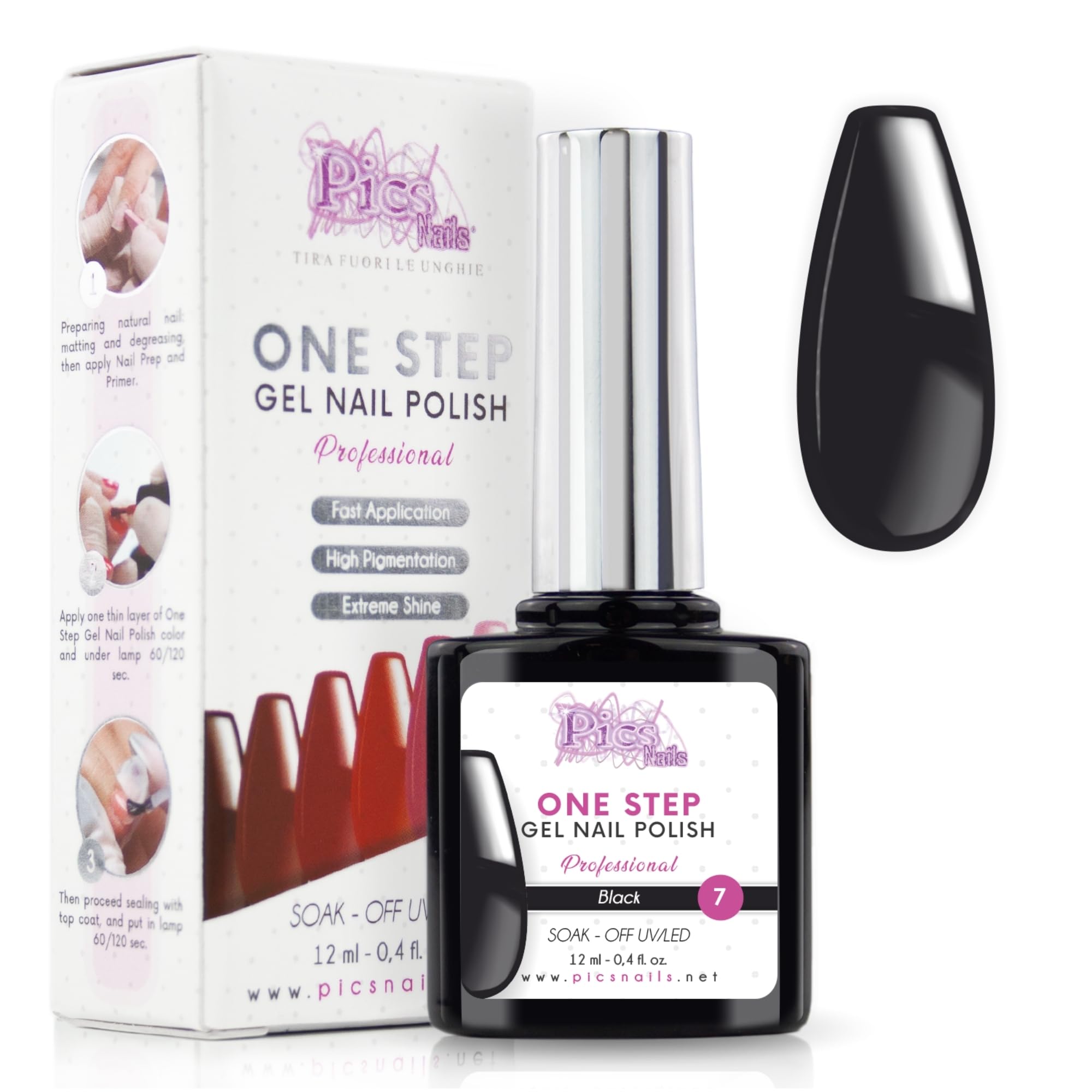 Esmalte Semipermanente UV/Led One Step 12 ml - Negro - Esmalte Permanente - Uñas Brillantes Instantáneamente con o sin Base y Top Coat.