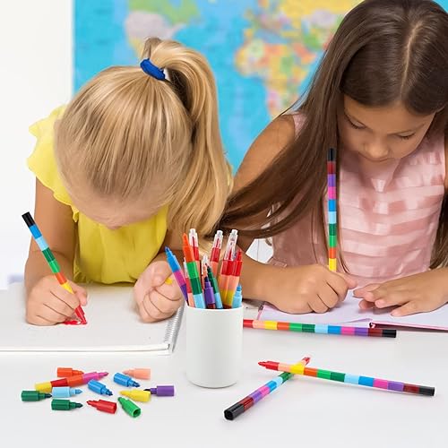 Miniatura 8 de Hxezoc 20 crayones apilables apilables para construir, coloridos recuerdos de fiesta, lápices de arco iris apilables para niños, escuela, oficina,