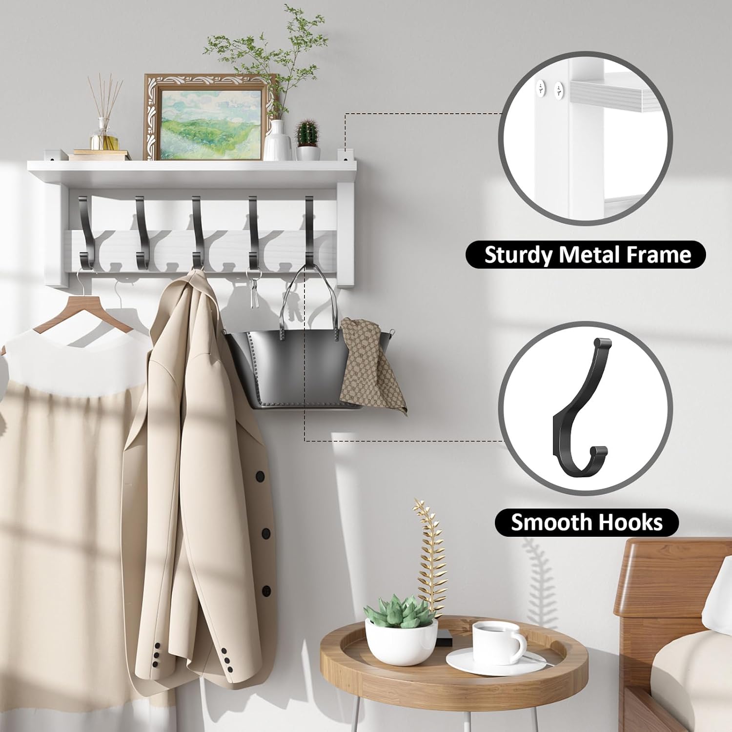 Optish Coat Rack Wall Mount with Shelf, 17.1 Inch Coat Hanger Walls Mounted, Hat Rack for Walls, Shelf with 5 Coat Hooks, Wall Hanger for Entryway (White)