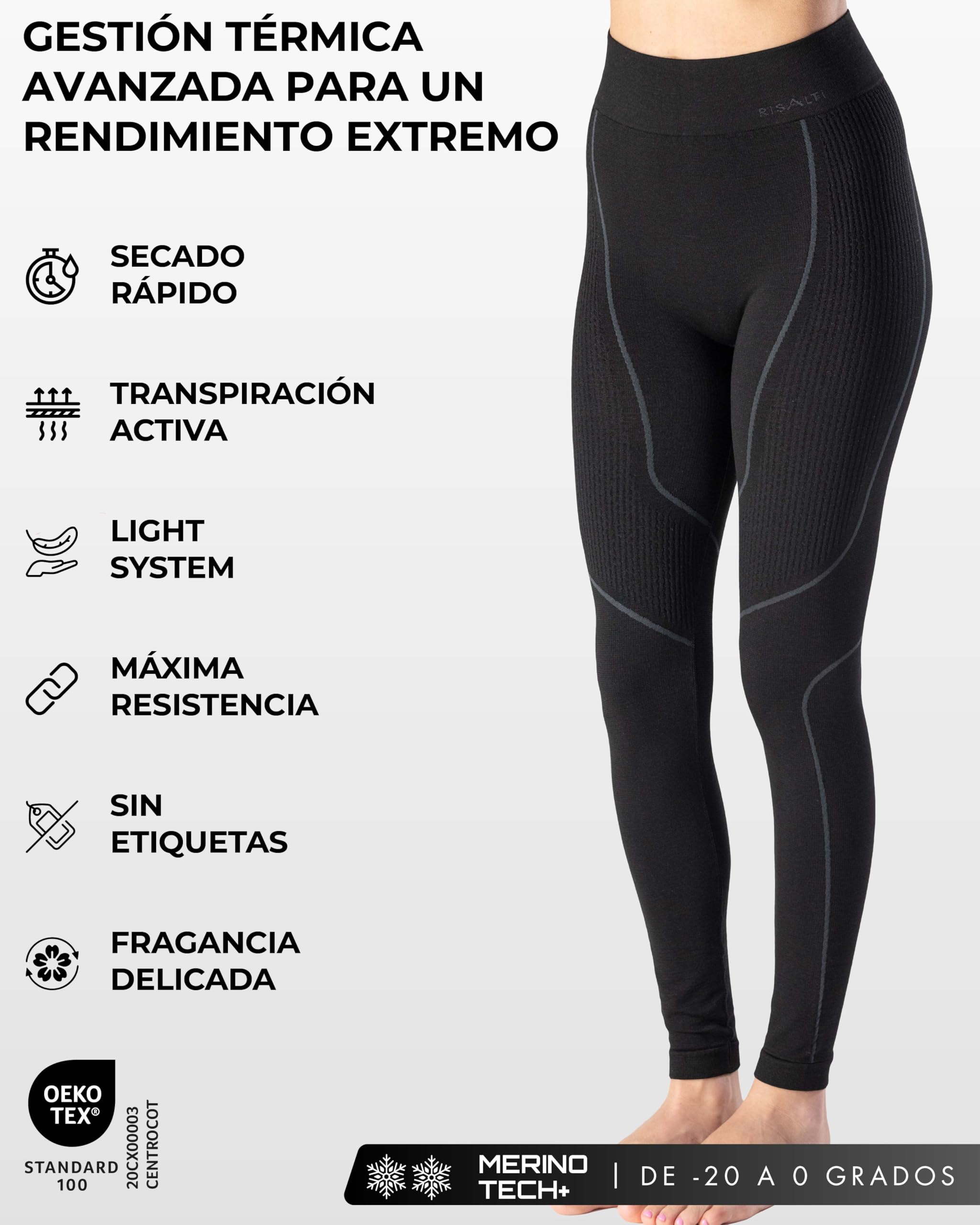 Risalti Mallas térmicas para mujer Merino Tech – Pantalones térmicos de mujer de compresión de lana merino, ropa térmica mujer, ropa térmica mujer invierno – Sin costuras – Made in Italy