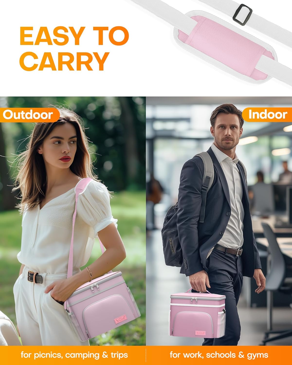 HOTOR Insulated Lunch Box for Men & Women - Leak-Proof Cooler Lunch Bag with 4 Pockets, Adjustable Strap, Ideal for Work, Picnic, Travel - Medium, Light Pink, 10.2"×6.9"×8.5" - Image 6
