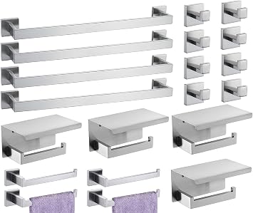 Bathroom Hardware Set 20 Piece Brushed Nickel Bathroom Accessories Set SUS304 Towel Bar Set Includes 4 Towel Bar 24 Inch+4 Towel Holder+4 Toilet Paper Holder+8 Towel Hooks 20, Brushed Nickel