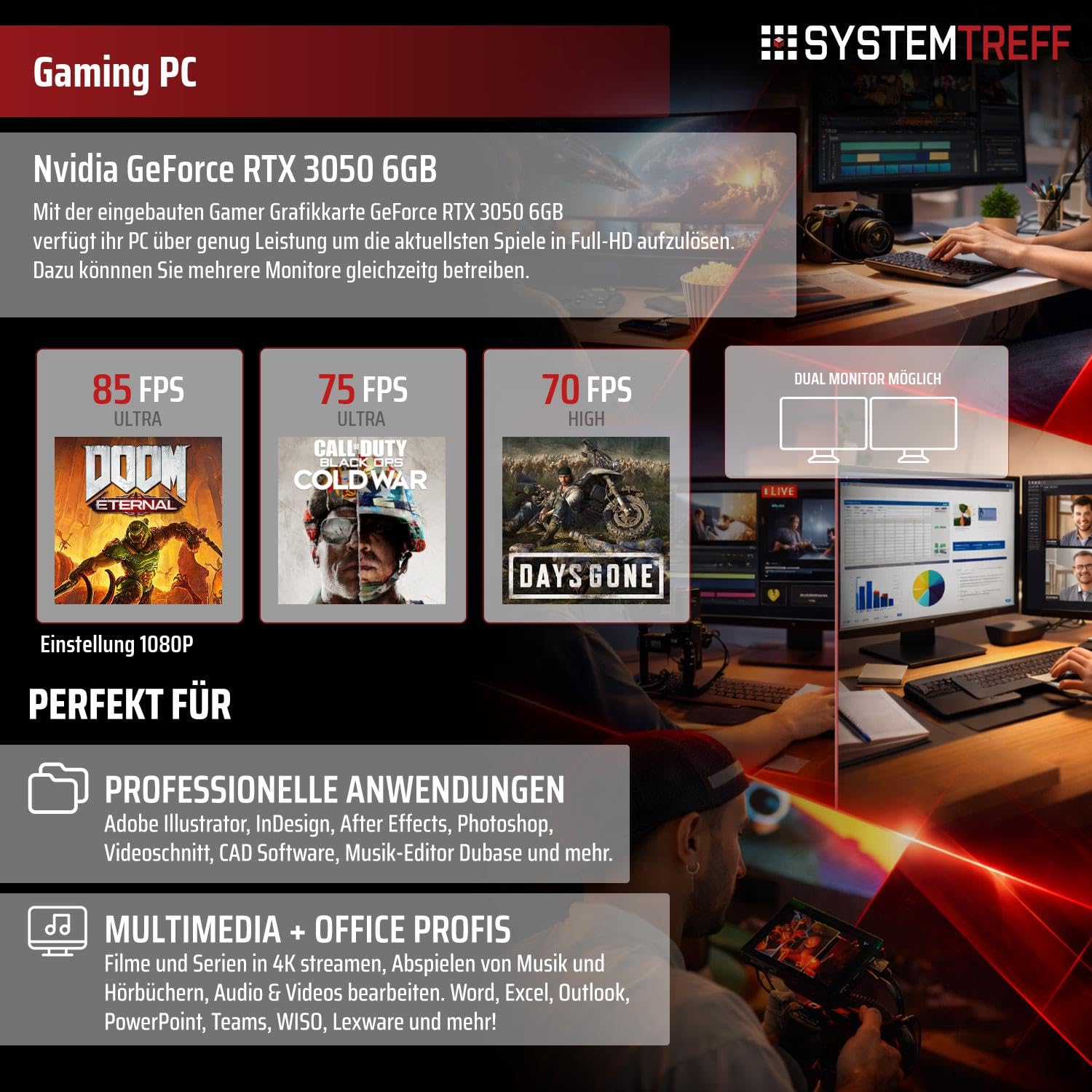 SYSTEMTREFF Basic Gaming PC AMD Ryzen 5 5500 6x4.2GHz | Nvidia RTX 3050 6GB DX12 | 512GB M.2 NVMe | 16GB DDR4 RAM | WLAN Desktop Computer Rechner für Gamer, Zocker