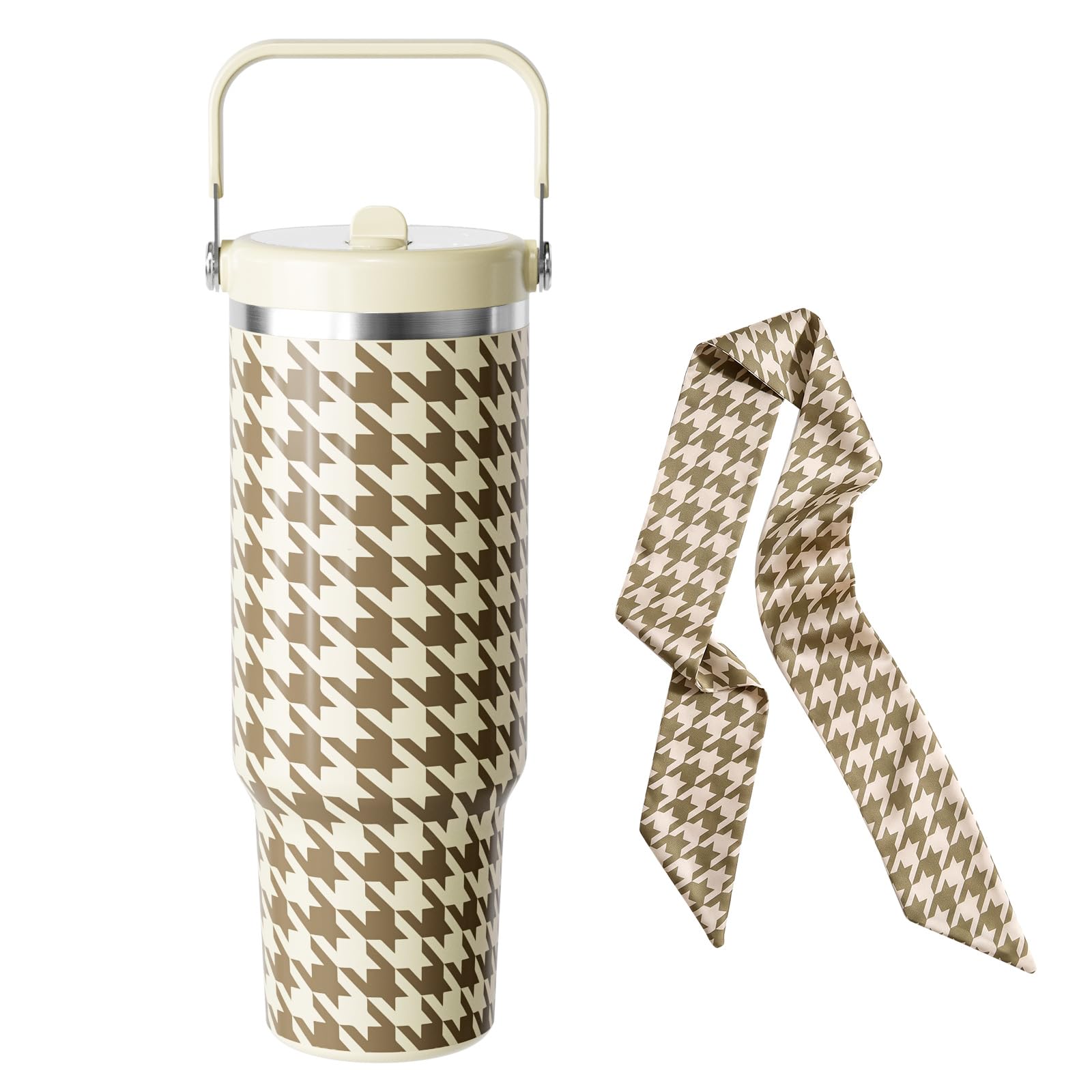 Fjbottle 40 oz Tumbler with Straw and Lid Double Wall Vacuum Insulated Stainless Steel Water Bottle Travel Mug with Handle Coffee Mug for Hot Iced Drink (Beige Check, 1200 ml)