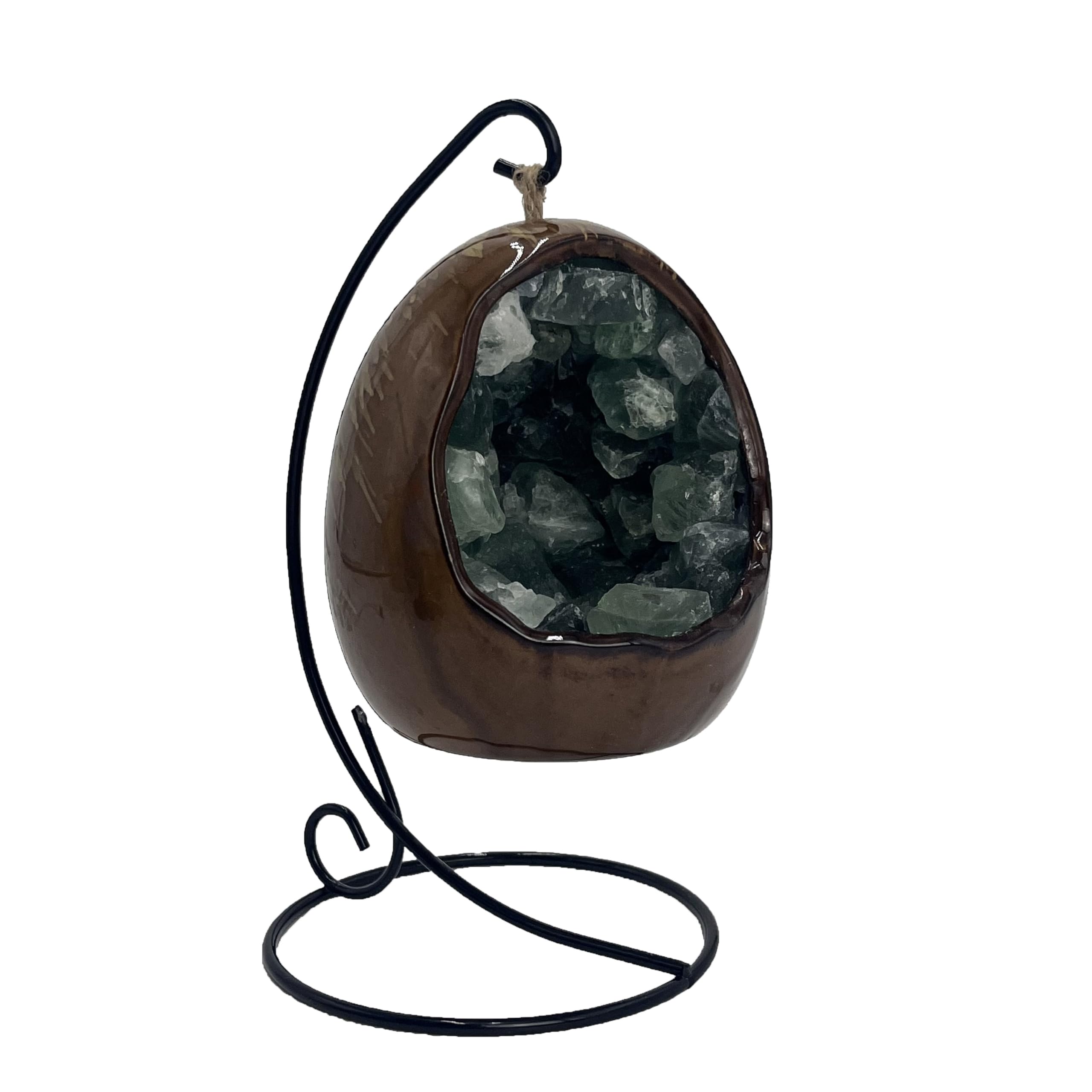 Gleneagles LED USB Dinosaur Egg Lamp – Green Fluorite Crystal Night Light, Natural Quartz Geode Mood Lamp, Bedside Ambient Lighting, Decorative Table Lamp with Metal Stand for Home & Meditation Decor