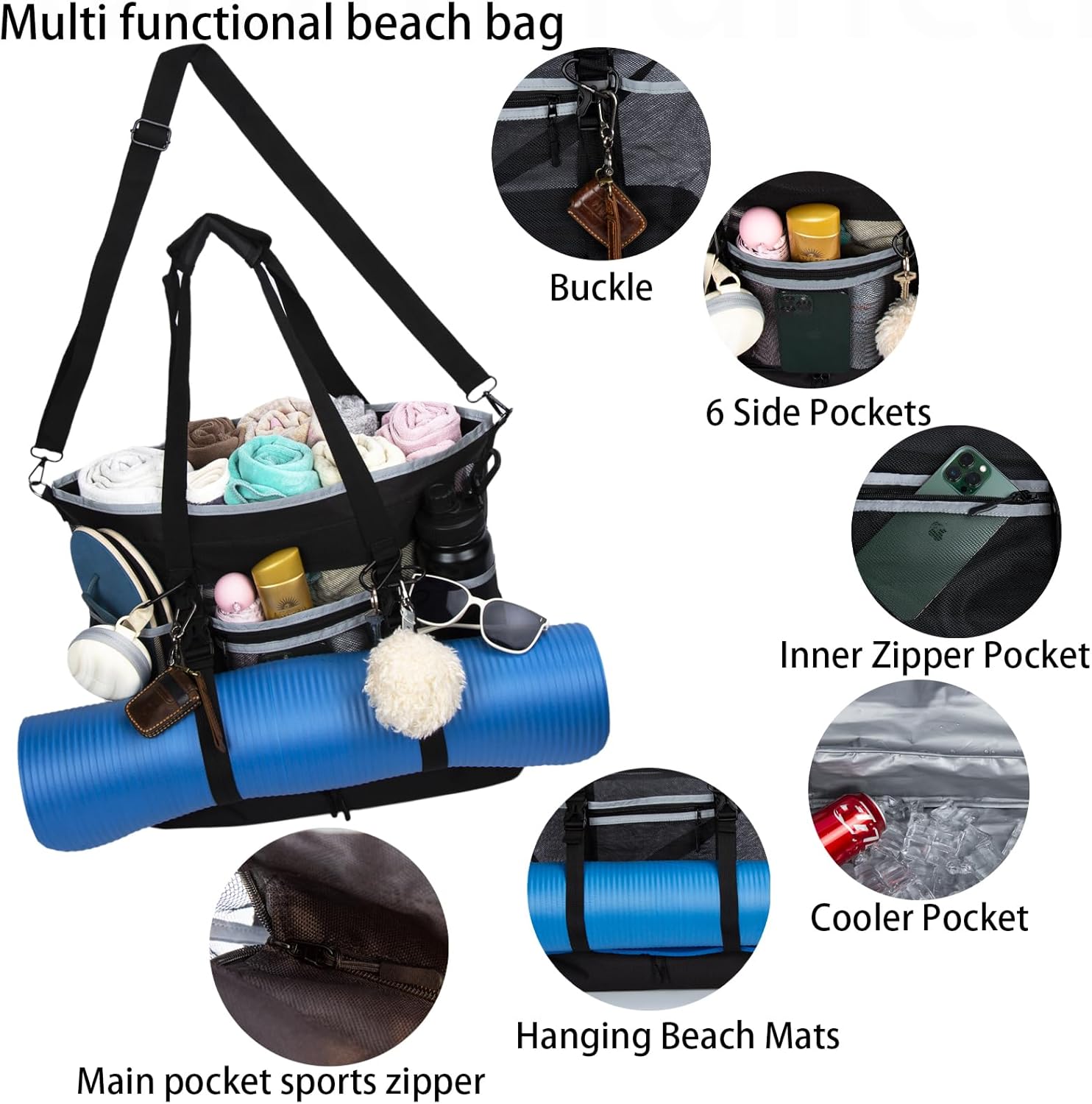 Mesh Beach Bag with Cooler Large Travel Family Vacation Essentials Pool Swimming Zipper Pocket Durable 9 Pockets - Image 6