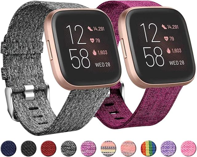 Wepro 2Pack Compatible with Fitbit Versa Strap/Fitbit Versa 2 Strap for Women Men, Breathable Woven Fabric Replacement Strap for Fitbit Versa/Versa 2 / Versa Lite, S Black gray/Fuchsia