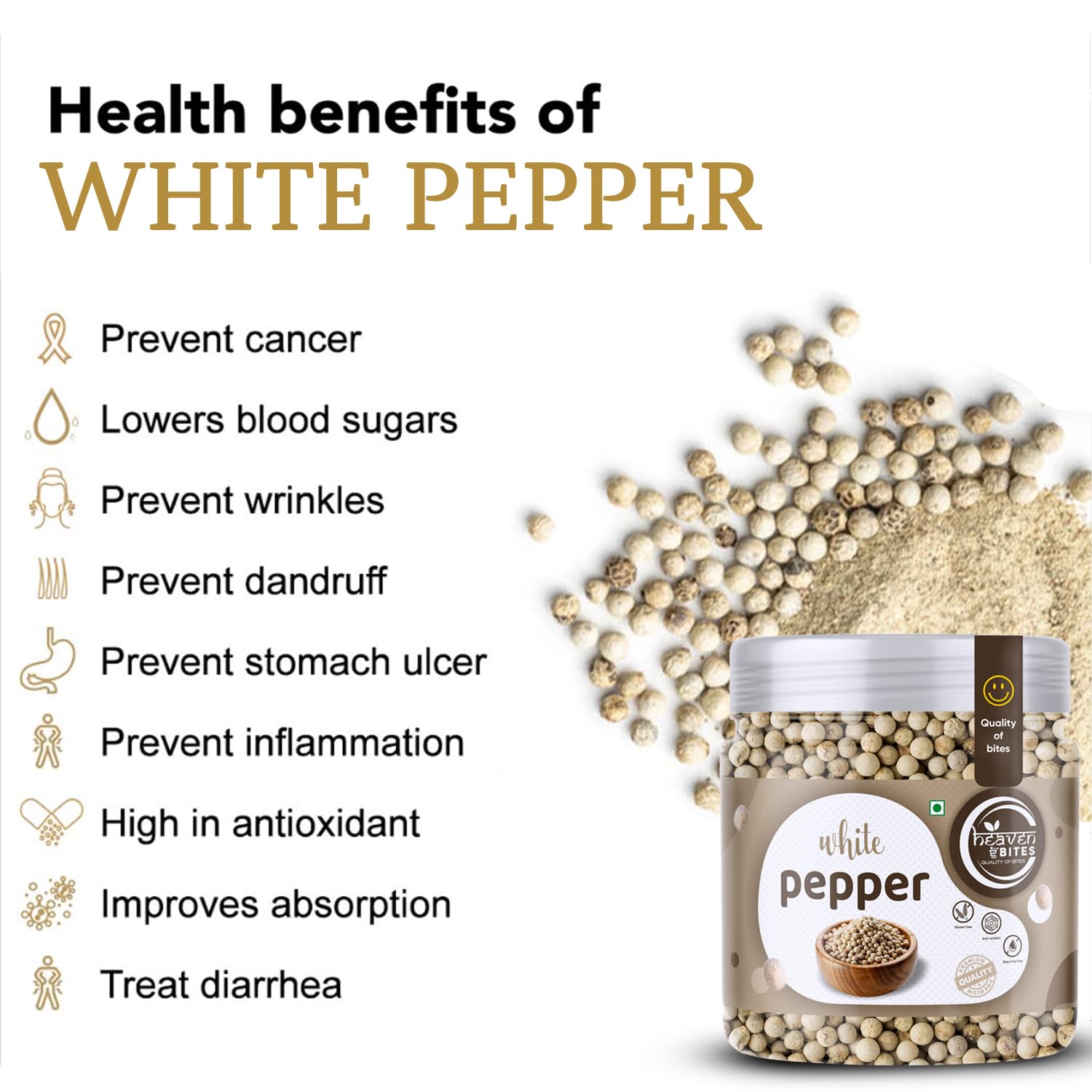 Heaven Bites 100% Natural Whole White Pepper (200g)| Safed Mirch - Dakhni Mirch | Sabut Safed Mirch- White Peppercorn No Artificial Colours or Preservatives Dagni Mirch - Image 4 thumbnail