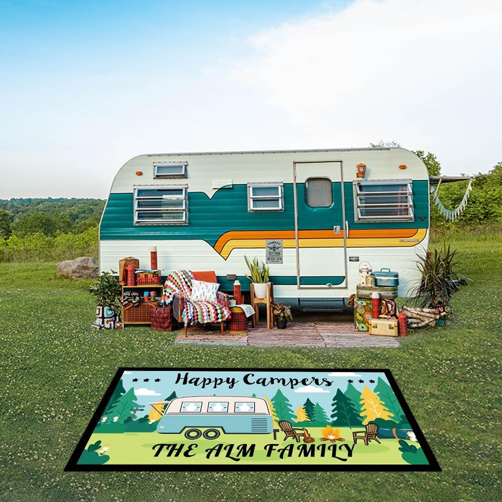 Custom Camping Rug Happy Campers RV Trailer Campsite Decor Forest Landscape Nature Camping Floor Mat for Outdoors, Patio, Backyard, Picnic, Beach, 48 x 72 Inch RV-15